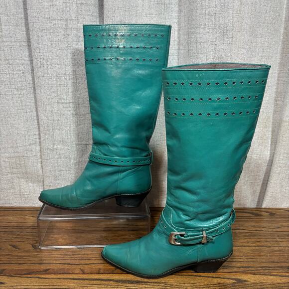 Vintage 70s Glacée Turquoise/Teal Leather Knee High Boots Boho Western Size 7N - Picture 3 of 15
